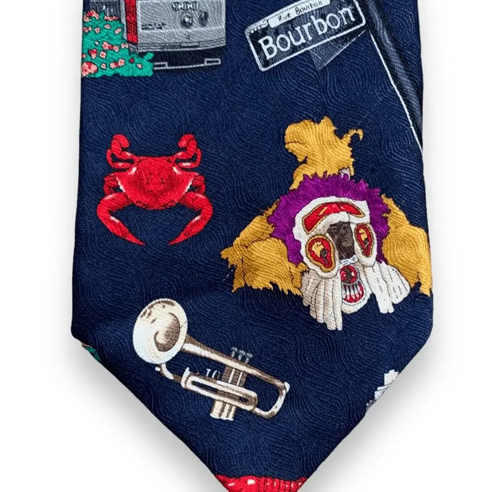 Vintage New Orleans Jazz Music Mardi Gras Silk Tie Navy Novelty Print Travel